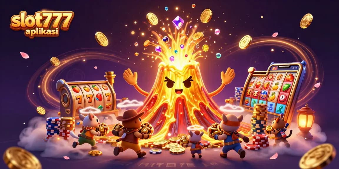 Engage with slot777 aplikasi featuring vibrant slot games and treasures erupting from a golden volcano.