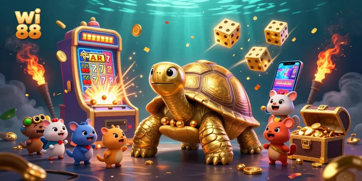 Play exciting casino games with wi 88, featuring a colorful 3D slot machine and golden tortoise pinball.