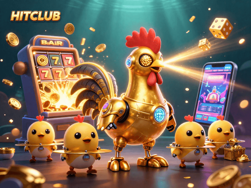 Experience HITCLUB thrills with an explosive 3D gaming scene featuring vibrant characters and casino elements.