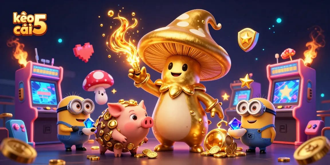 Experience the excitement of kèo nhà cái 5 with vibrant characters and dynamic casino elements in a magical setting.