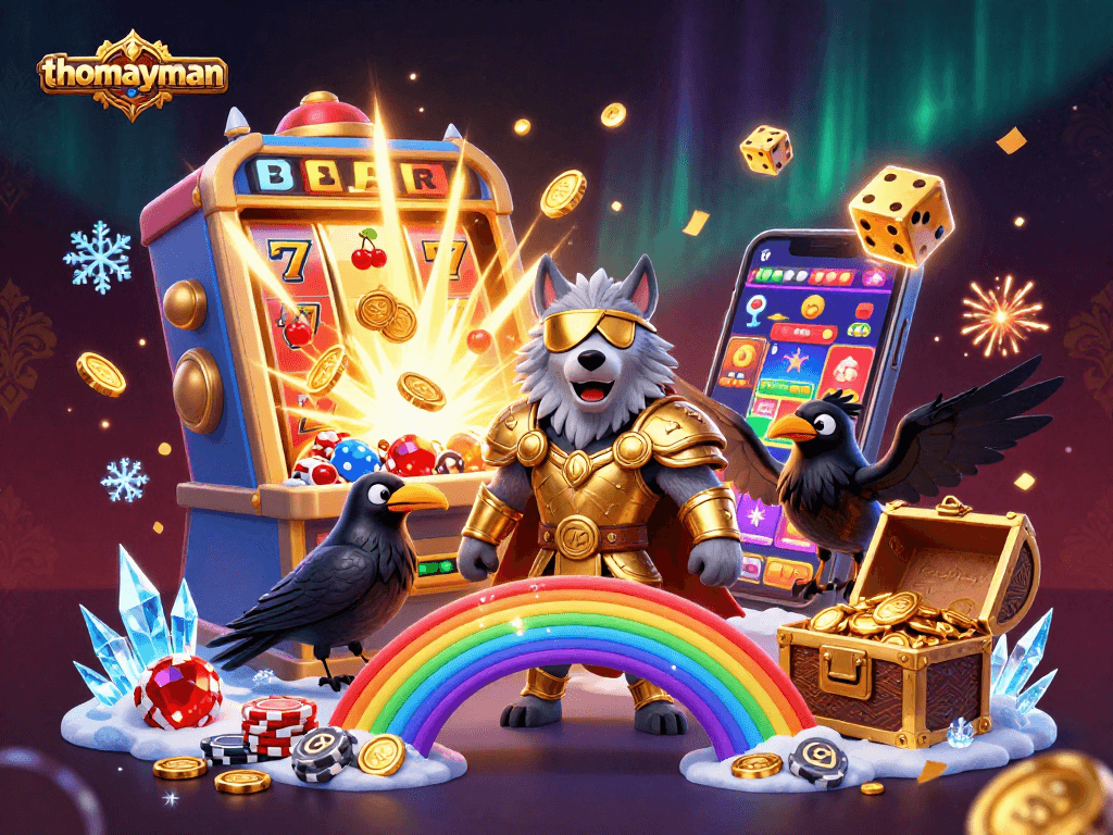 Spin to win with thomayman in a dynamic casino scene featuring vibrant gaming elements and characters.