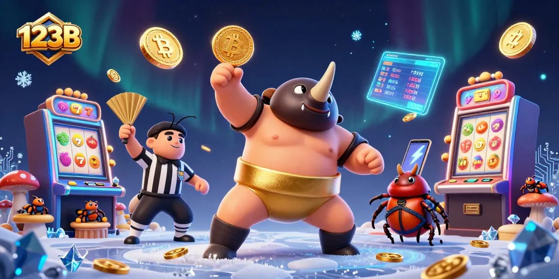Experience the excitement of 123B with a rhinoceros beetle sumo champion amidst slot machines and crypto coins.