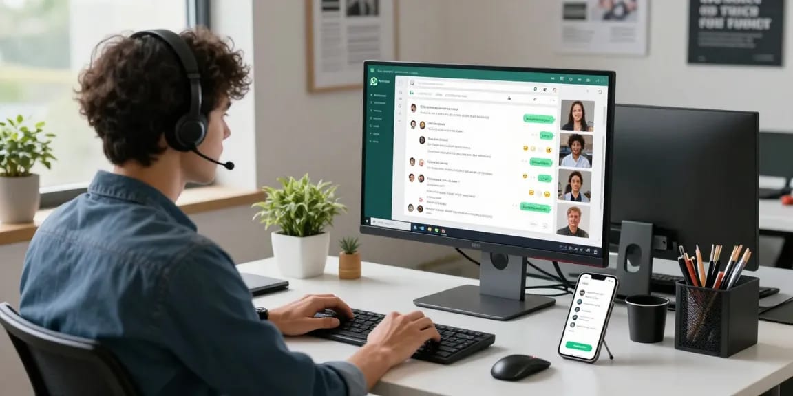 Person engaging with WhatsApp電腦版 on a sleek desktop setup highlighting productivity and modern tech.