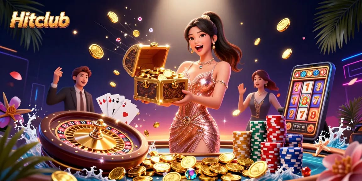 Experience the excitement of Hitclub with golden coins, a glamorous treasure chest, and vibrant casino elements.