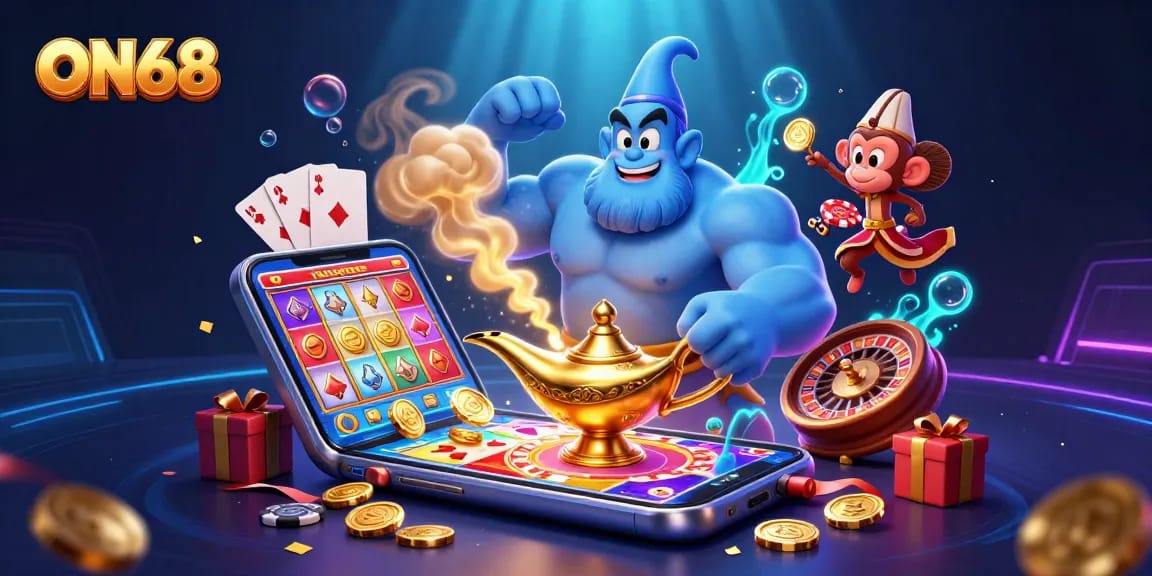 Engage with ON68 through a magical scene featuring a genie, monkey, and vibrant gaming elements.