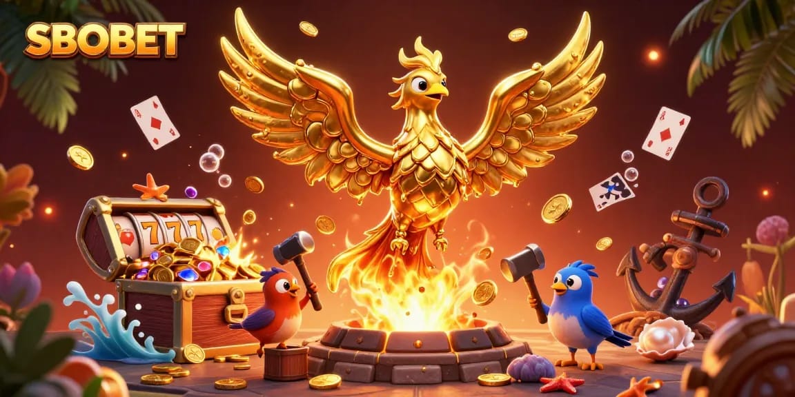 SBOBET enhances your gaming experience with a golden phoenix amidst exciting slot elements and treasure.