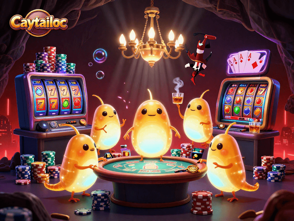 Caytailoc shines with a vibrant scene of glowworms lighting up a casino, showcasing dynamic slot reels.