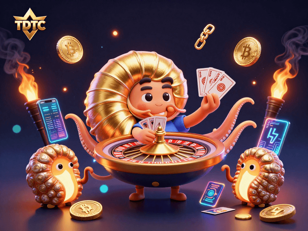 Engage with TDTC's dynamic crypto casino scene showcasing a giant nautilus and glowing coins.