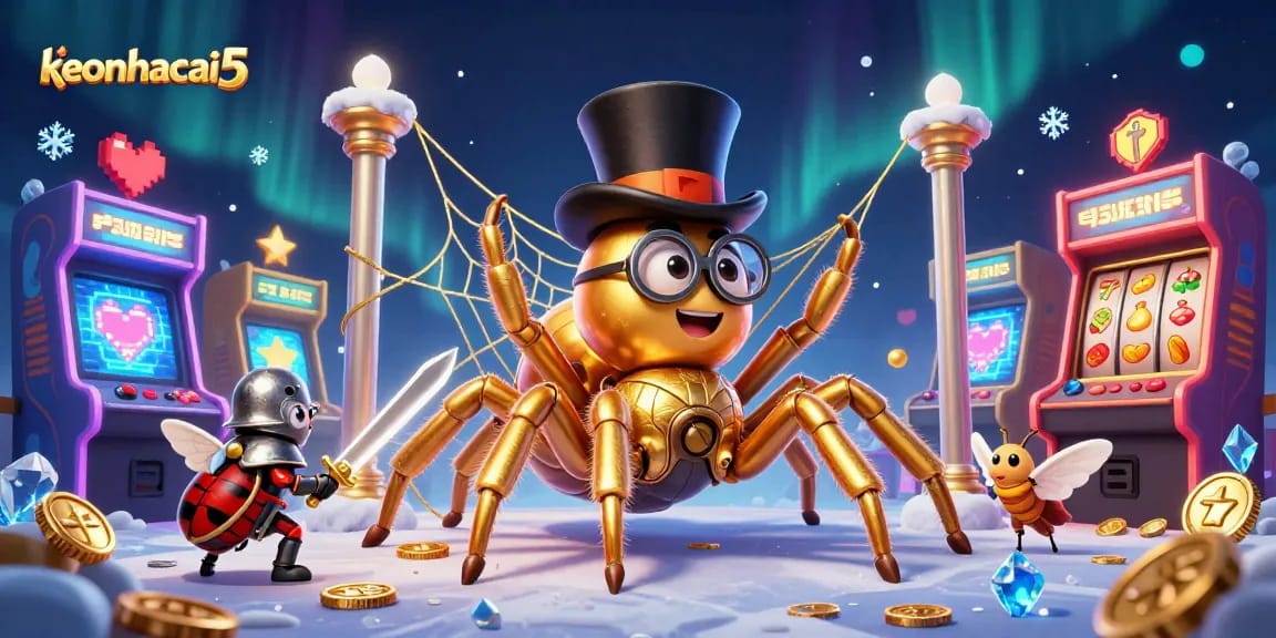 Engage in thrilling wins with keonhacai5 and vibrant slot machines in an animated casino scene.