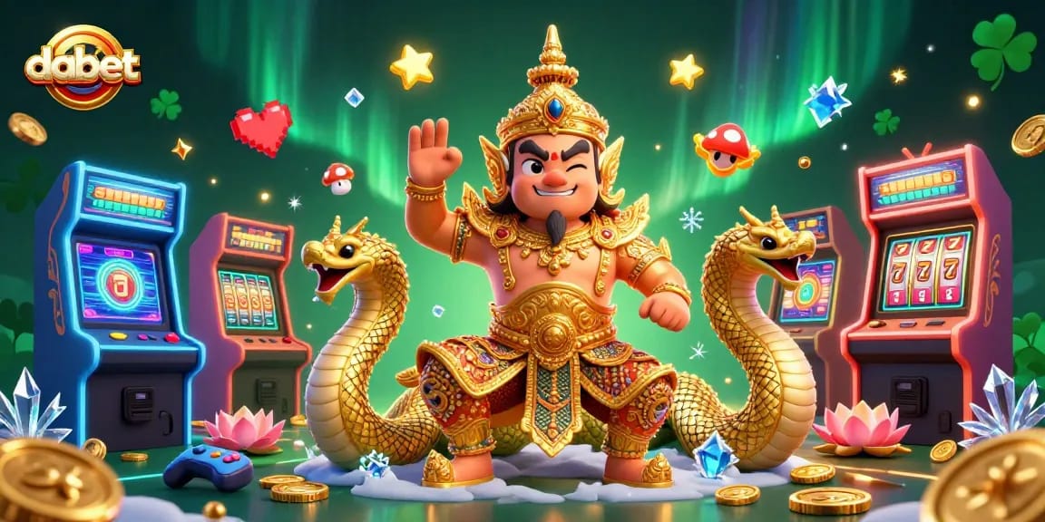 Win big with dabet at this vibrant online casino scene featuring fantasy guardians and slots.