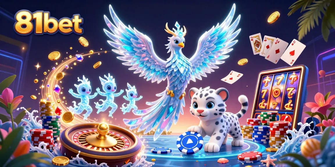 Experience excitement at 81bet with winning poker chips, vibrant casino elements, and engaging characters!