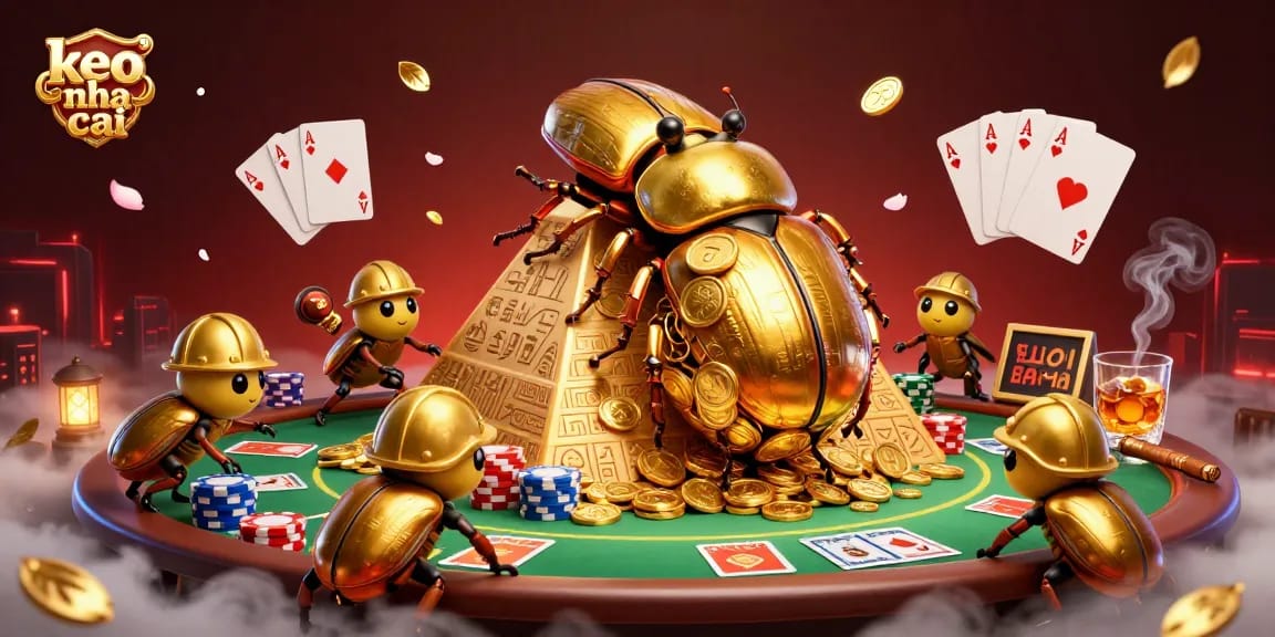 Bet on keo nha cai as a golden beetle rolls a coin ball towards a majestic pyramid.