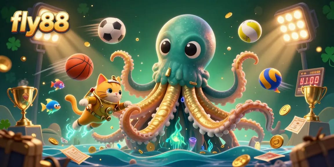 Experience fly88 excitement with a vibrant 3D illustration featuring a kraken, diving cat, and deep-sea elements.