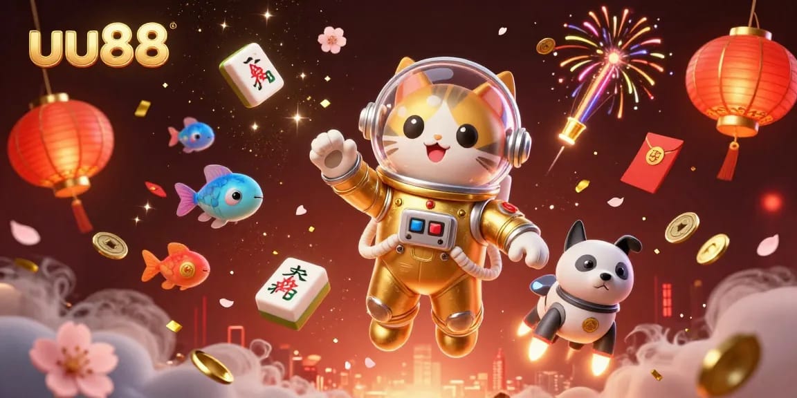 uu88 engages players in a vibrant 3D casino scene with cheerful cartoon characters, dynamic mahjong tiles, and festive elements.