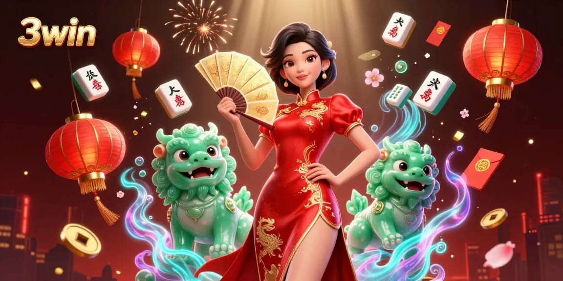 Experience the excitement of 3win with a vibrant, dynamic illustration showcasing golden playing cards and festive elements.