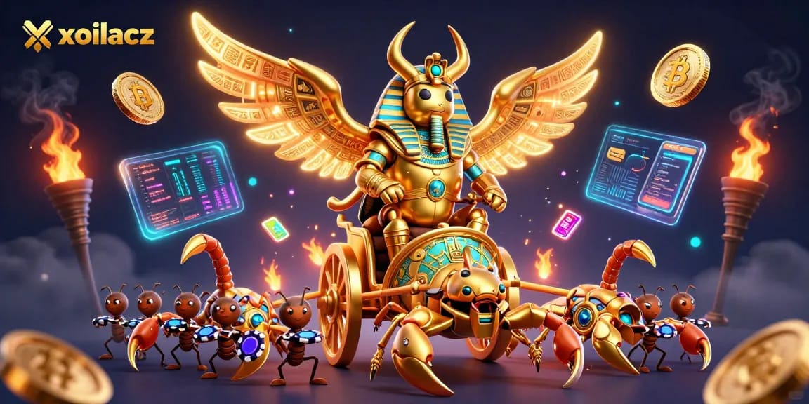Experience thrilling sports betting action on Xoilacz with a vibrant golden beetle chariot scene.