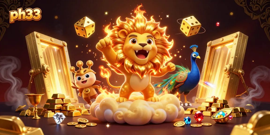 Experience thrilling gameplay at ph33 with our vibrant casino-themed illustration showcasing a roaring lion and golden games.