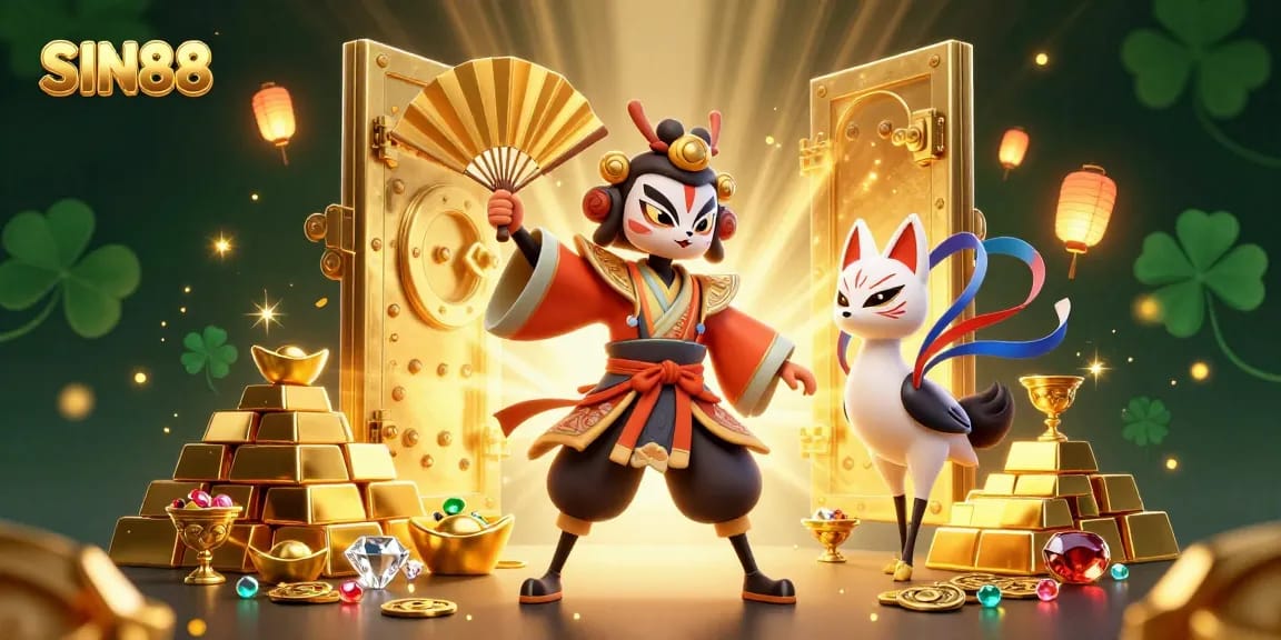 SIN88 engages players with a vibrant 3D scene of kabuki warriors and golden treasures in an online casino.