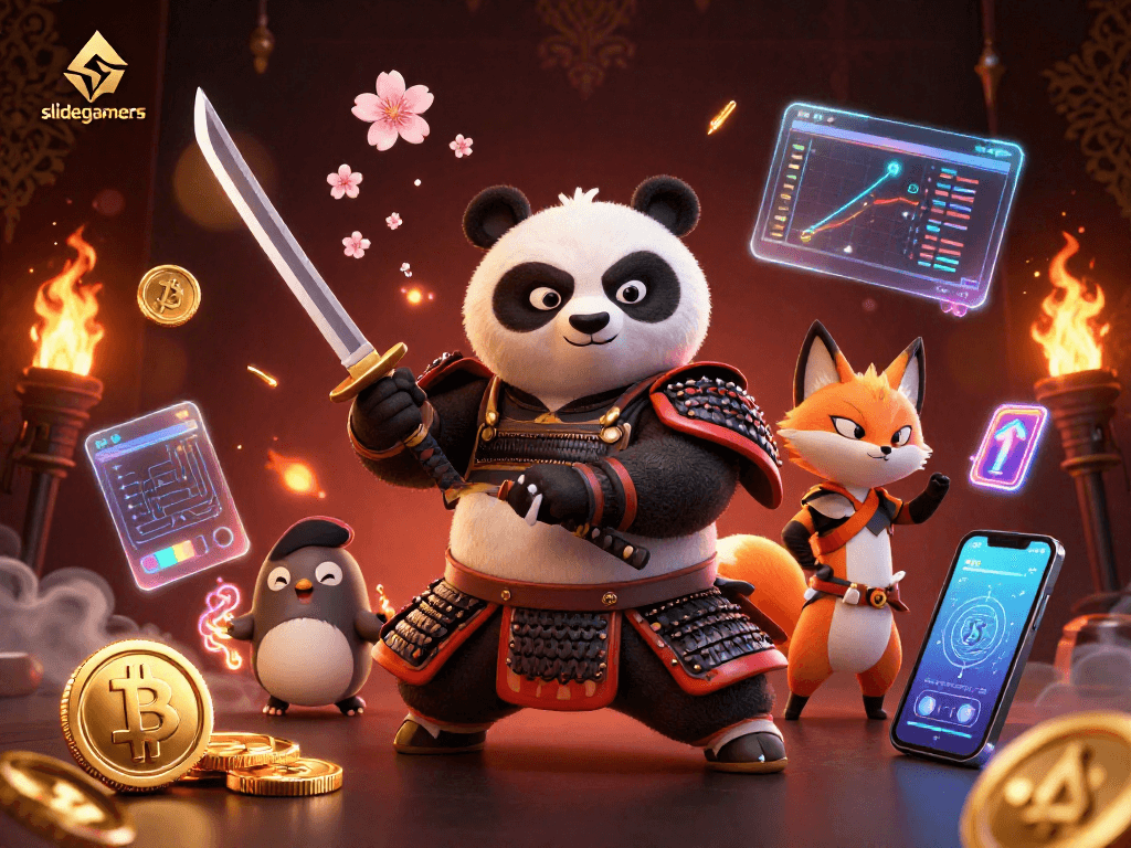 Engage with slidegamers as samurai panda and ninja fox navigate glowing crypto winnings in an electrifying atmosphere.