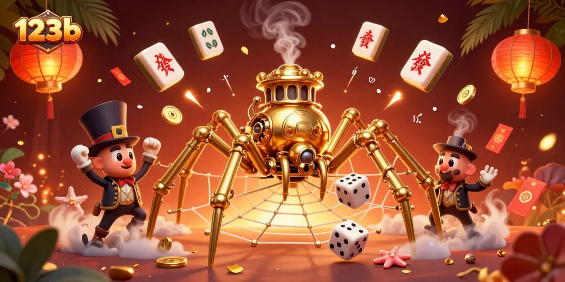 Experience the vibrant allure of 123b with a dynamic scene featuring a steampunk spider and floating mahjong tiles.