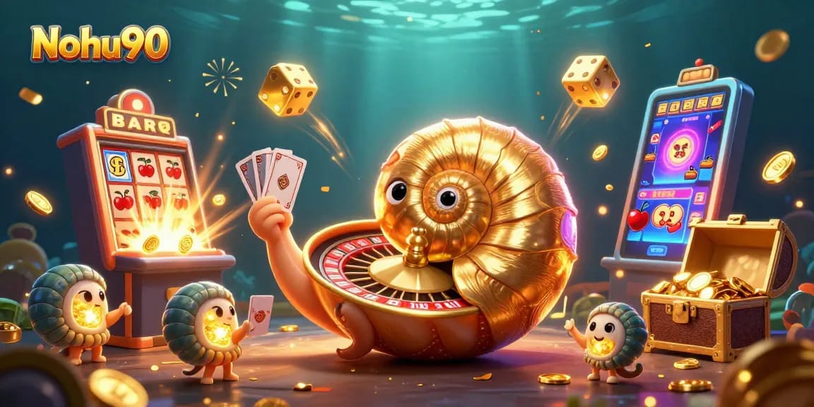 Nohu90 offers thrilling slot adventures, showcasing dynamic gameplay and casino elements in a vibrant animation.
