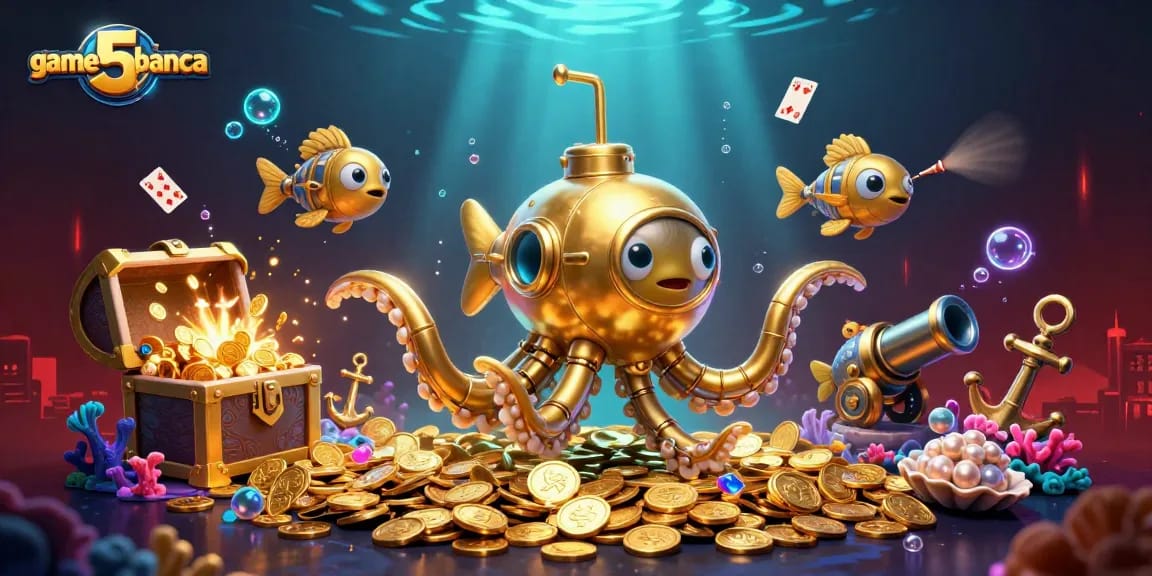 Experience excitement with game5banca as the golden kraken submarine dives into treasure-filled depths.