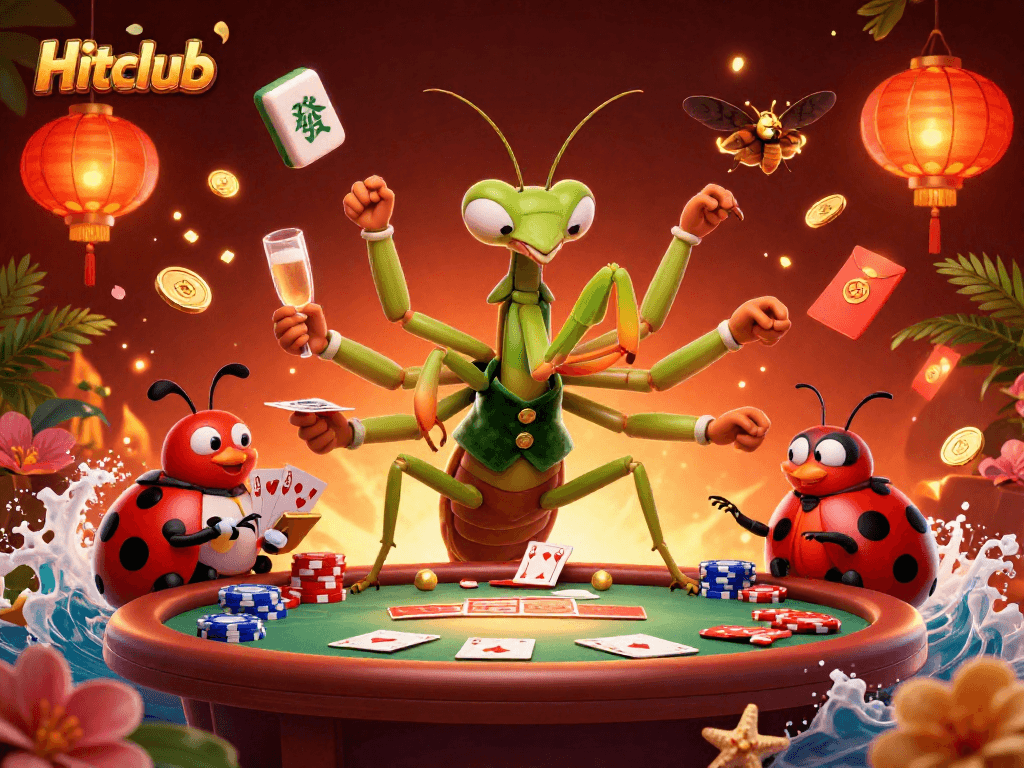 Hitclub showcases a vibrant casino scene with a praying mantis card sharp and a ladybug pit boss.