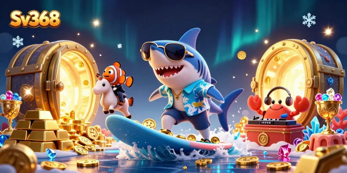 Unleash your luck with Sv368, featuring vibrant casino characters in a dynamic gold-themed illustration.