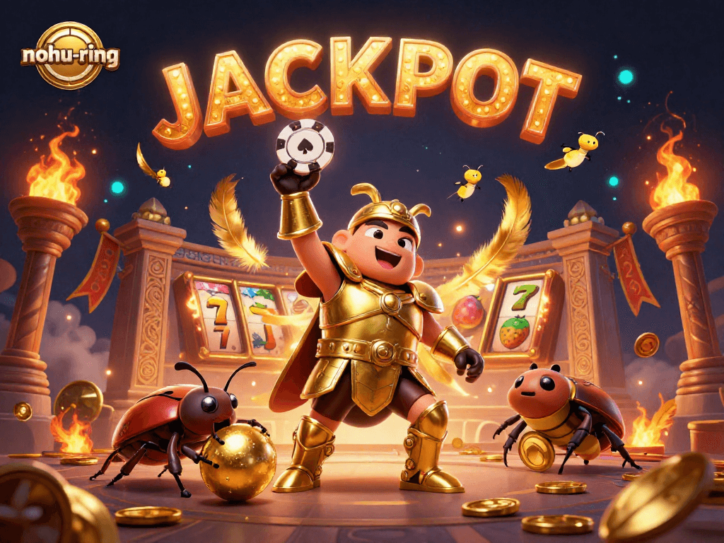 Engage with the thrilling nohu-ring game featuring a victorious beetle champion amid a dynamic casino scene.