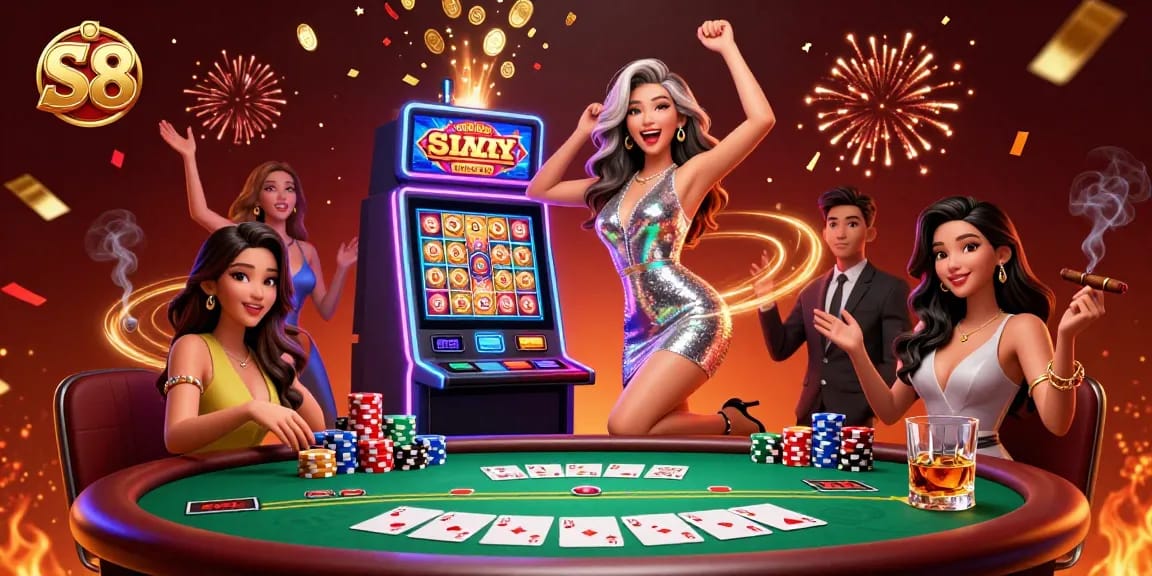 Spin the S8 slot machines to win prizes, featuring dynamic visuals with poker elements and vibrant celebrations.