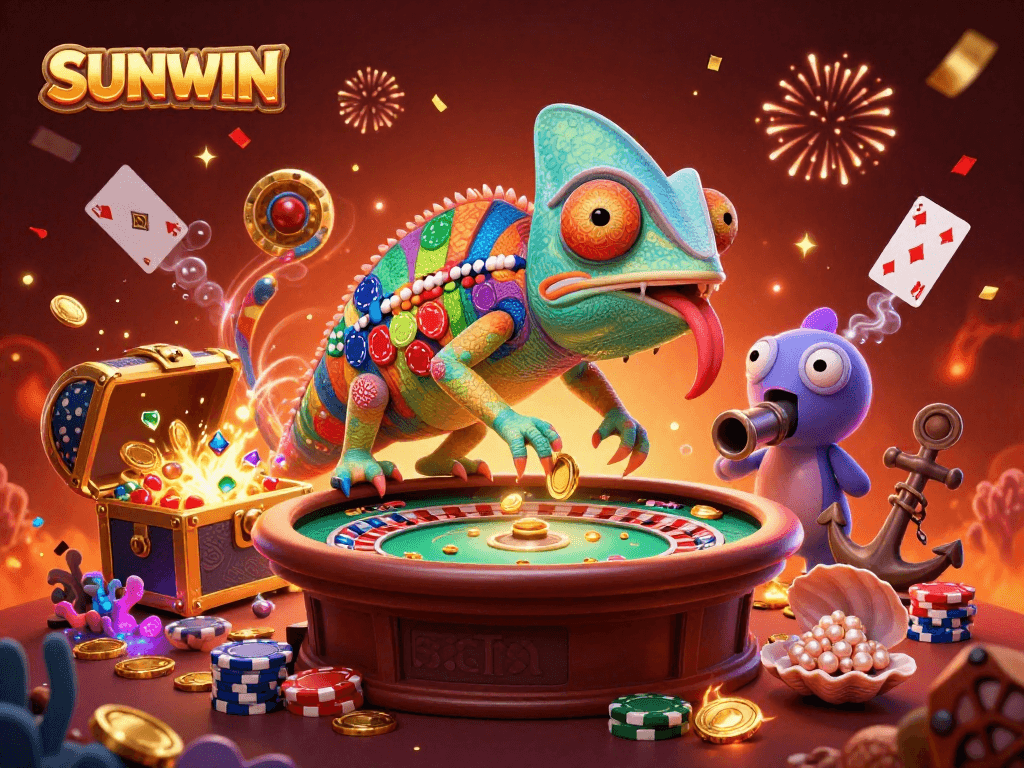 SUNWIN brings high-stakes excitement as a chameleon casino owner watches the games, snapping up golden coins amidst a colorful sea