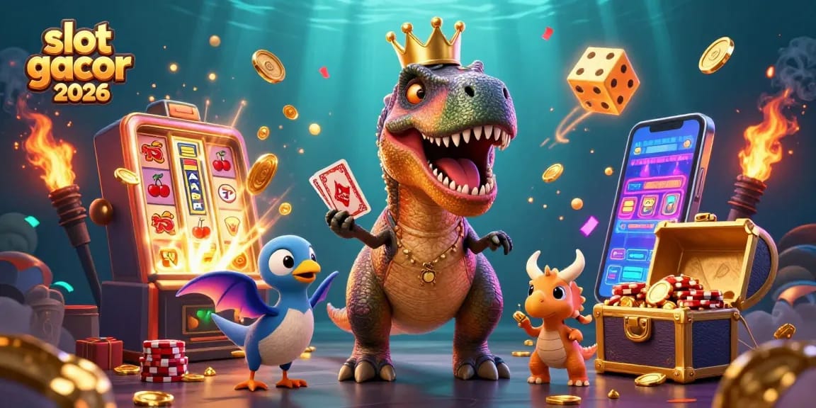 Menangkan slot gacor 2026 dengan ilustrasi T-Rex dan teman-temannya yang menghibur di kasino.
