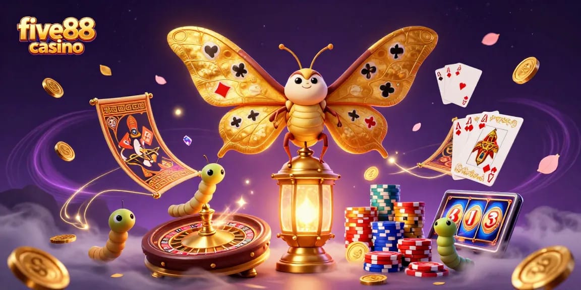 Experience the excitement of five88 casino with a vibrant illustration of a 3D insect amidst casino elements.