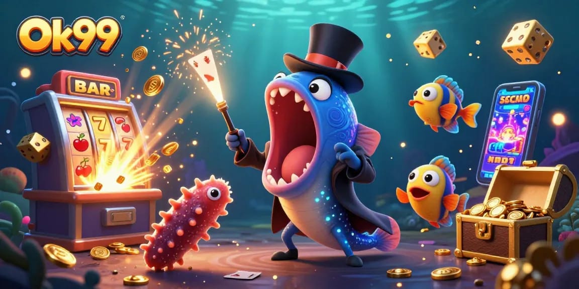 Engage in thrilling gameplay at Ok99 with a colorful and vibrant underwater casino scene.