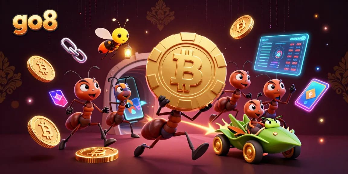 Experience the excitement at go8 as cartoon ants execute a casino heist with a giant poker chip.