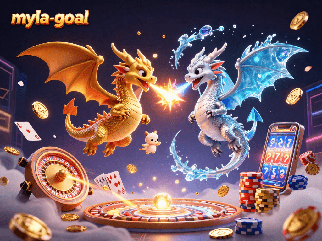 A dynamic scene depicting the myla-goal dragons amidst cascading casino elements, illustrating gambling excitement.