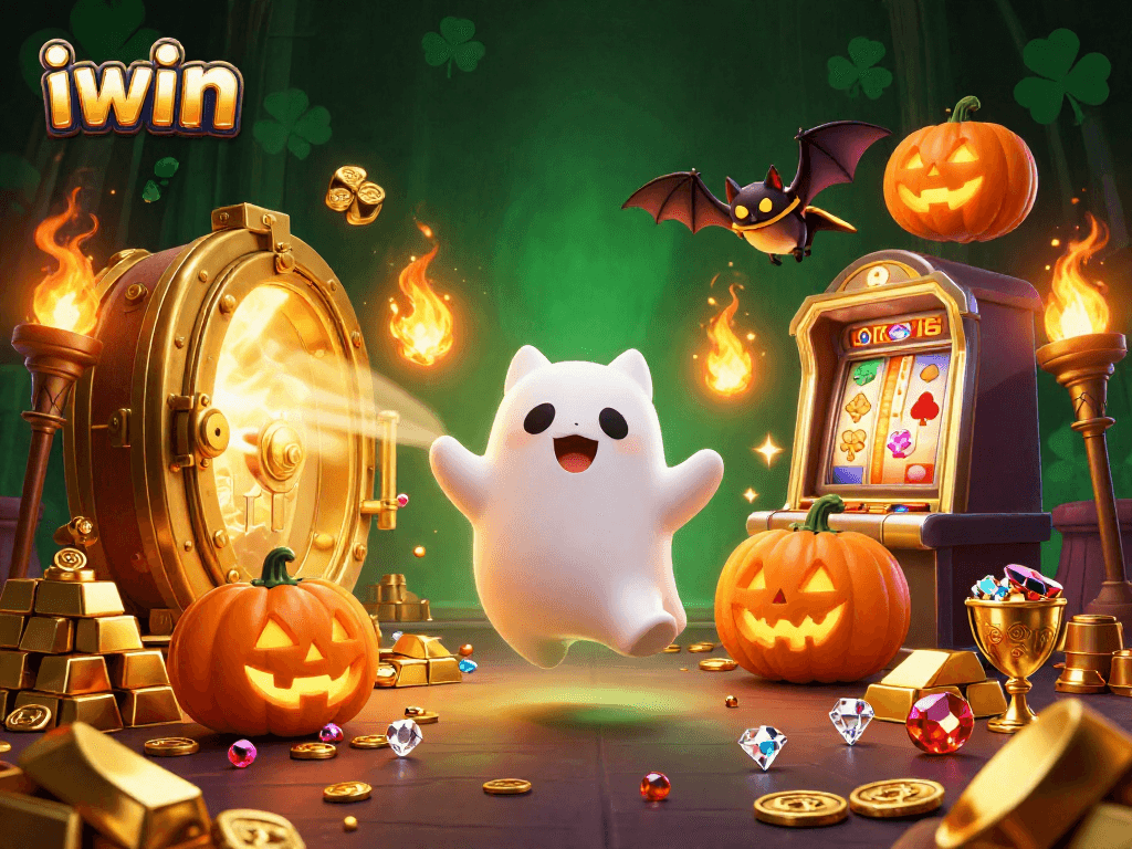 Engage with iwin's exciting haunted casino adventure featuring a friendly ghost cat and vampire bat.