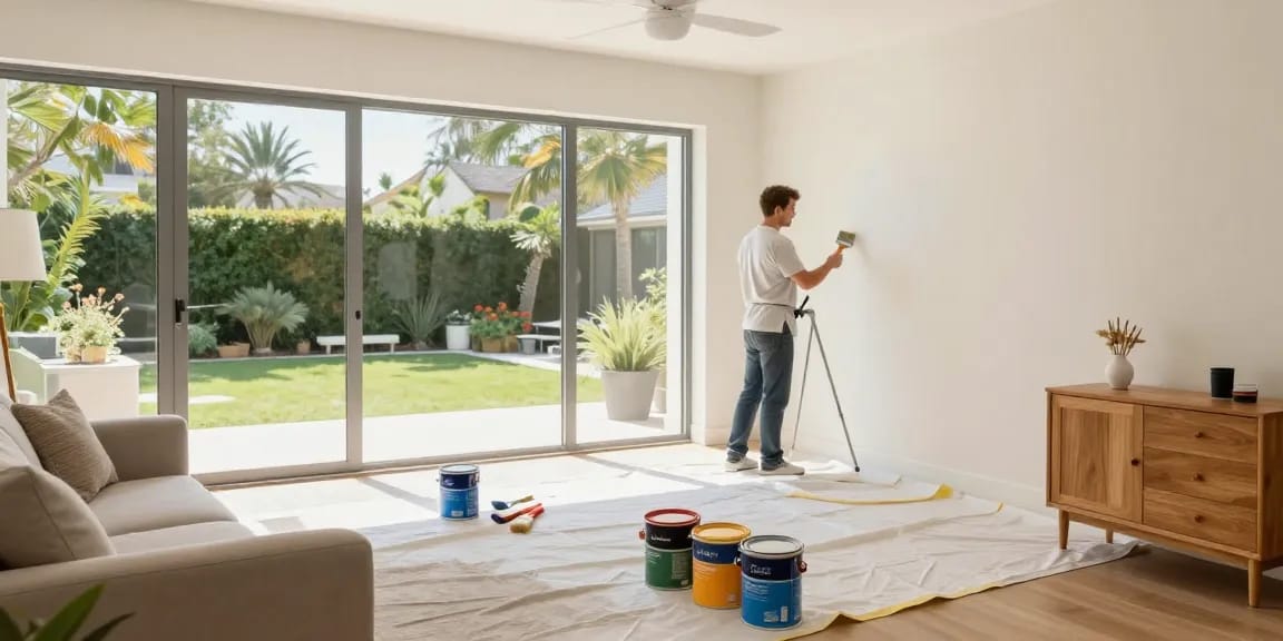 Trusted Lincoln Painters providing quality interior painting services in a bright living room.