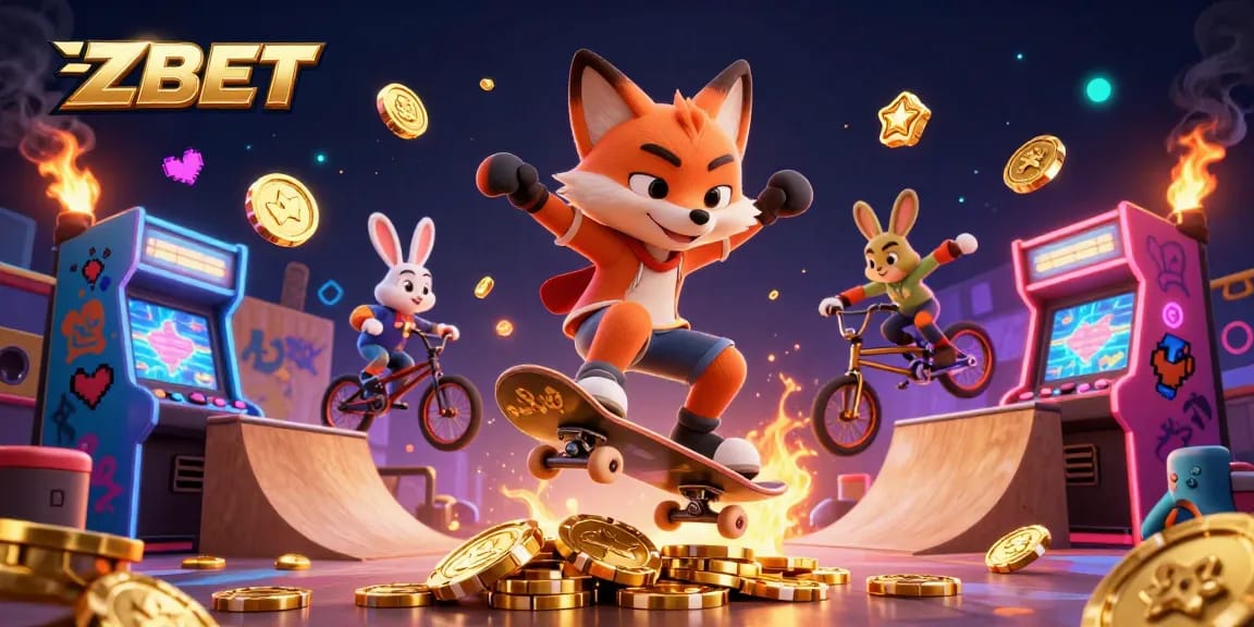 ZBET's cartoon fox skateboarder shines in a vibrant casino-themed scene with exciting gaming elements.