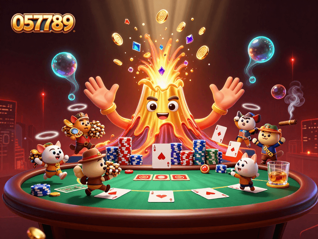 Spin the reels with the triumphant golden volcano of 057789 erupting coins, while poker chips and treasure scatter around.