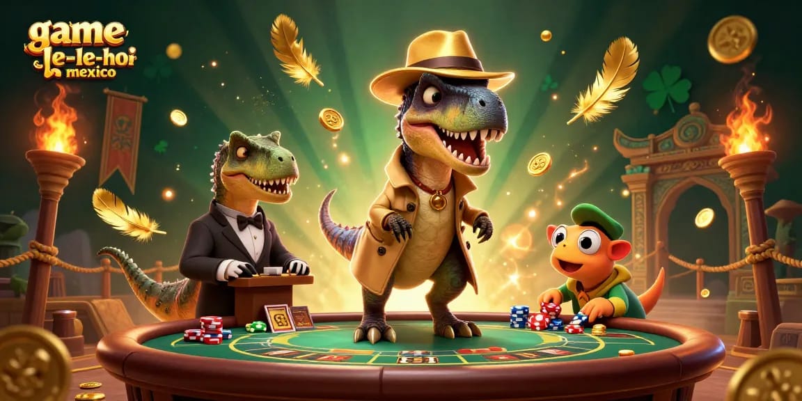Experience the vibrant game-le-hoi-mexico with a velociraptor card counter amidst casino excitement.