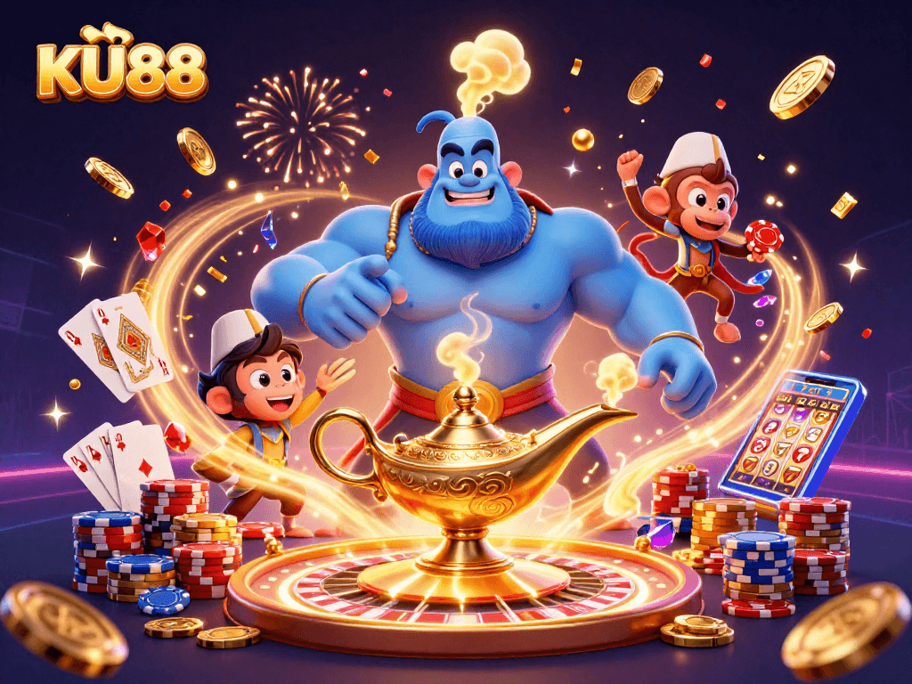 Experience the thrill of KU88 with a vibrant 3D casino illustration featuring a genie, poker chips, and a magic carpet.