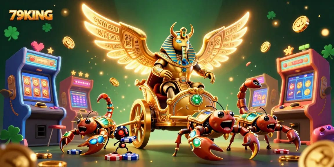 Engage with the exciting world of 79KING as it showcases a vibrant 3D casino scene filled with game elements.
