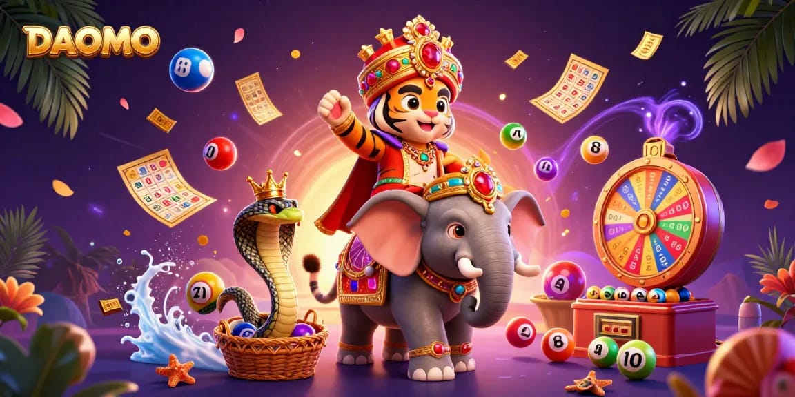 Experience thrilling gaming at DAOMO with a vibrant illustration of a jewel-encrusted elephant and dynamic casino elements.