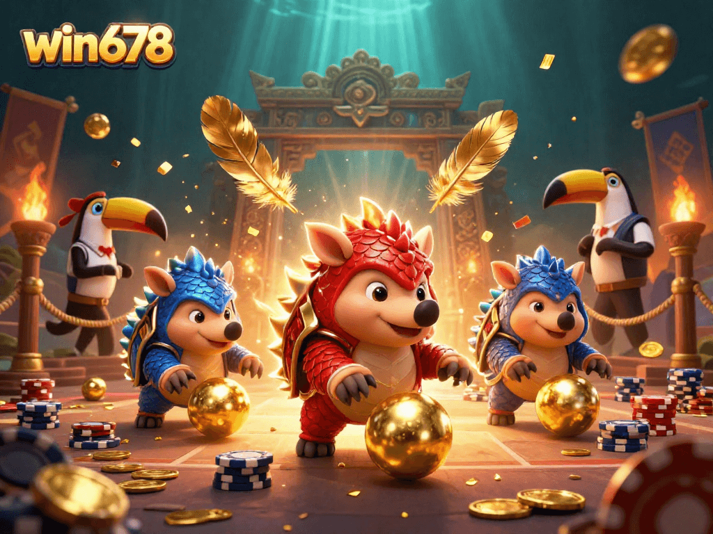 Win678 features dynamic pangolins battling in a casino-inspired scene with vibrant gaming elements.