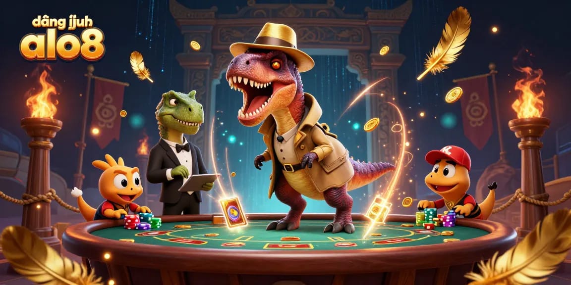 Experience thrilling action in đăng nhập alo8 with cartoon velociraptor and stegosaurus characters at a vibrant blackjack table.