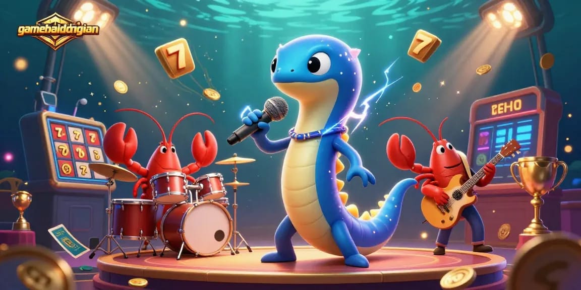 Experience the vibrant gamebaidangian scene with electric eel DJ, lobster drummer, and seahorse guitarist.