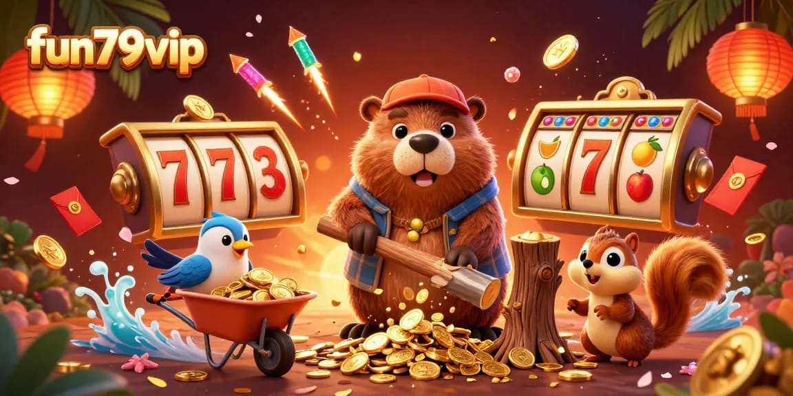 Experience the excitement of fun79vip with a dynamic casino scene featuring vibrant characters and gold-filled action.