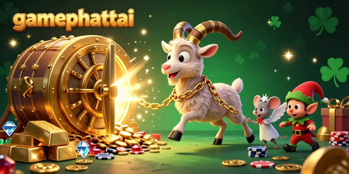 Engage in thrilling gameplay with gamephattai's festive casino scene featuring unique 3D characters and vibrant treasure elements.