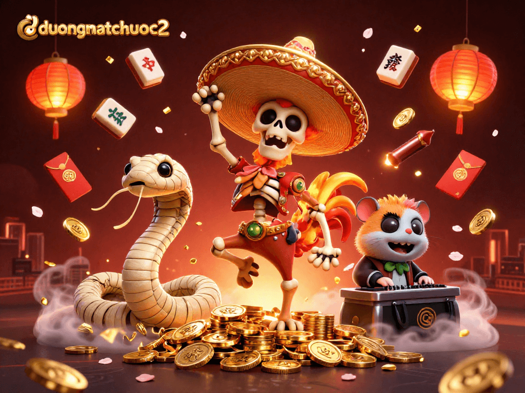 Experience duongmatchuoc2 with a vibrant scene of festive characters and elements celebrating with golden coins.